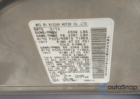 2012 Nissan Rogue Sv W/Sl Pkg from USA, damaged, VIN JN8AS5MT3CW284049